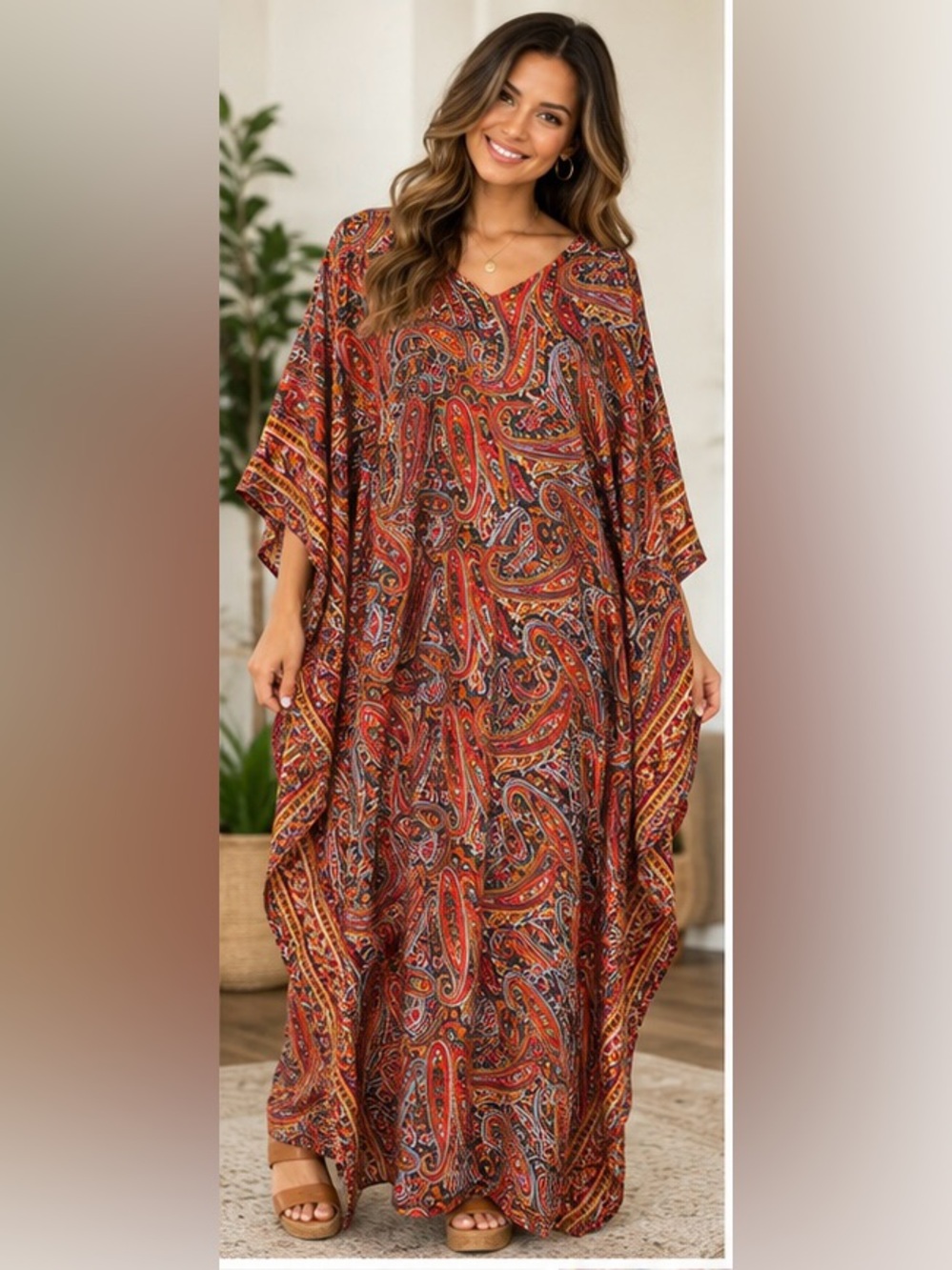 Rhea Paisley Kaftan Caftan Maxi Dress - New With Tags- O/S One Size- see measure